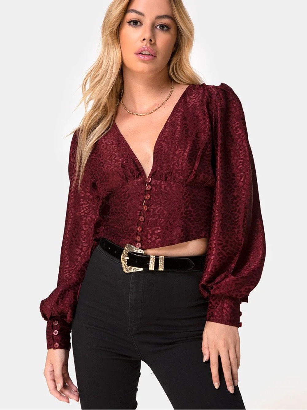NWOT Milk & Honey Brocade Jacquard Satin Burgundy Button Crop M leopard balloons